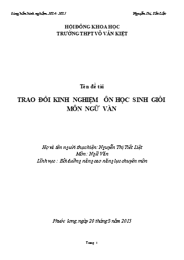Sáng kiến kinh nghiệm Trao đổi kinh nghiệm ôn học sinh giỏi môn Ngữ Văn ở Trường THPT Võ Văn Kiệt Sáng kiến kinh nghiệm Trao đổi kinh nghiệm ôn học sinh giỏi môn Ngữ Văn ở Trường THPT Võ Văn Kiệt