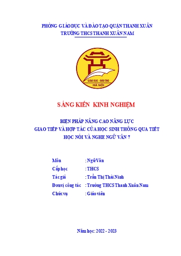 SKKN Biện pháp nâng cao năng lực giao tiếp và hợp tác của học sinh thông qua tiết học nói và nghe Ngữ Văn 7