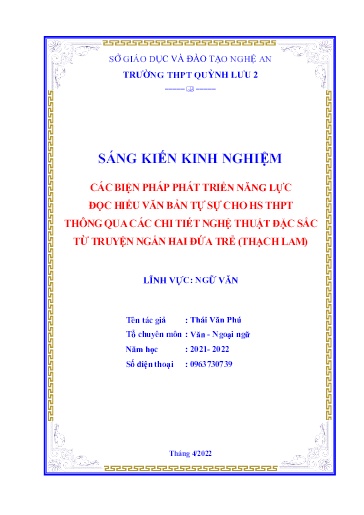 SKKN Các biện pháp phát triển năng lực đọc hiểu văn bản tự sự cho học sinh THPT thông qua các chi tiết nghệ thuật đặc sắc từ truyện ngắn hai đứa trẻ (Thạch Lam)