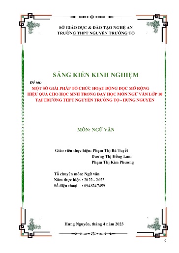 SKKN Một số giải pháp tổ chức hoạt động đọc mở rộng hiệu quả cho học sinh trong dạy học môn Ngữ Văn Lớp 10 tại Trường THPT Nguyễn Trường Tộ - Hưng nguyên SKKN Một số giải pháp tổ chức hoạt động đọc mở rộng hiệu quả cho học sinh trong dạy học môn Ngữ Văn Lớp 10 tại Trường THPT Nguyễn Trường Tộ - Hưng nguyên