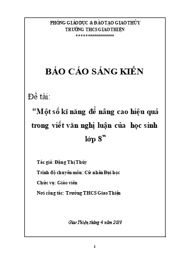 SKKN Một số kĩ năng để nâng cao hiệu quả trong viết văn nghị luận của học sinh Lớp 8 ở Trường THCS Giao Thiện
