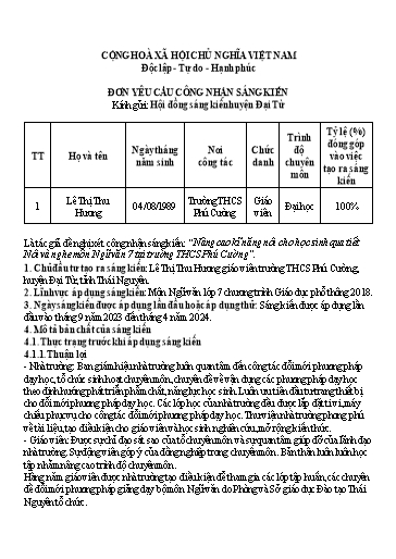 SKKN Nâng cao kĩ năng nói cho học sinh qua tiết nói và nghe môn Ngữ Văn 7 tại Trường THCS Phú Cường