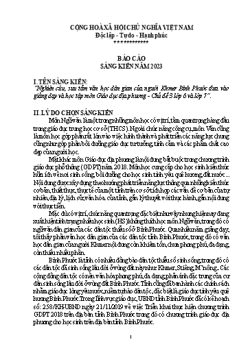 SKKN Nghiên cứu, sưu tầm văn học dân gian của người Khmer Bình Phước đưa vào giảng dạy và học tập môn Giáo dục địa phương - Chủ đề 3 Lớp 6 và Lớp 7