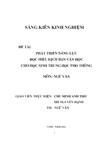 SKKN Phát triển năng lực đọc hiểu kịch bản văn học cho học sinh trung học phổ thông SKKN Phát triển năng lực đọc hiểu kịch bản văn học cho học sinh trung học phổ thông