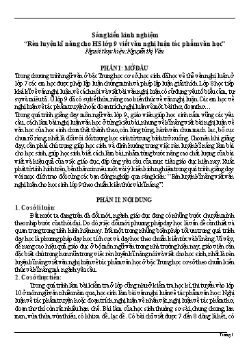 SKKN Rèn luyện kĩ năng cho học sinh Lớp 9 viết văn nghị luận tác phẩm Văn học
