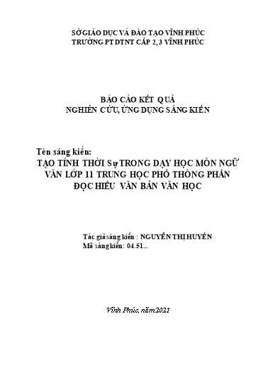 SKKN Tạo tính thời sự trong dạy học môn Ngữ Văn Lớp 11 Trung học Phổ thông (Phần đọc hiểu văn bản Văn học)