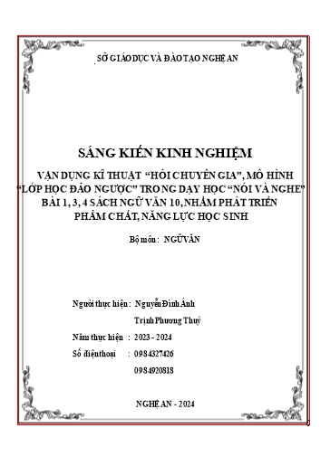 SKKN Vận dụng kĩ thuật “Hỏi chuyên gia”, mô hình “Lớp học đảo ngược” trong dạy học “Nói và nghe” bài 1, 3, 4 sách Ngữ Văn 10, nhằm phát triển phẩm chất, năng lực học sinh