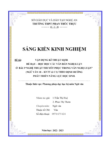 SKKN Vận dụng kĩ thuật SQ3R để dạy – học đọc các văn bản nghị luận ở Bài 3“Nghệ thuật thuyết phục trong văn nghị luận” (Ngữ Văn 10 – KNTT & CS) theo định hướng phát triển năng lực học sinh