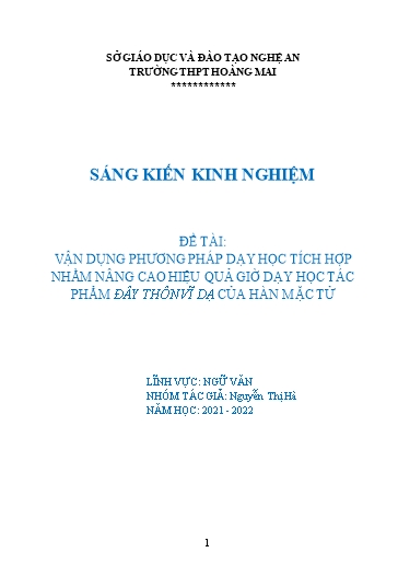 SKKN Vận dụng phương pháp dạy học tích hợp nhằm nâng cao hiệu quả giờ dạy học tác phẩm Đây Thôn Vĩ Dạ của Hàn Mặc Tử